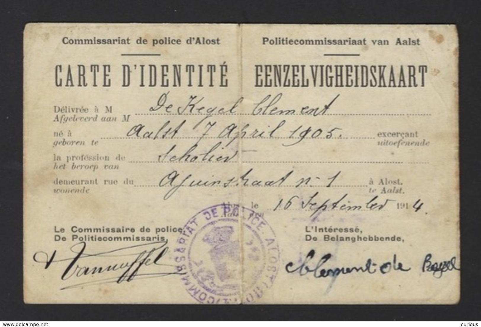 EENZELVIGHEIDSKAART * PASPOORT * DE KEGEL CLEMENT * POLITIE AALST * 1914 * INSPECTEUR IN BLANKENBERGE 20/9/1914 - Documents Historiques