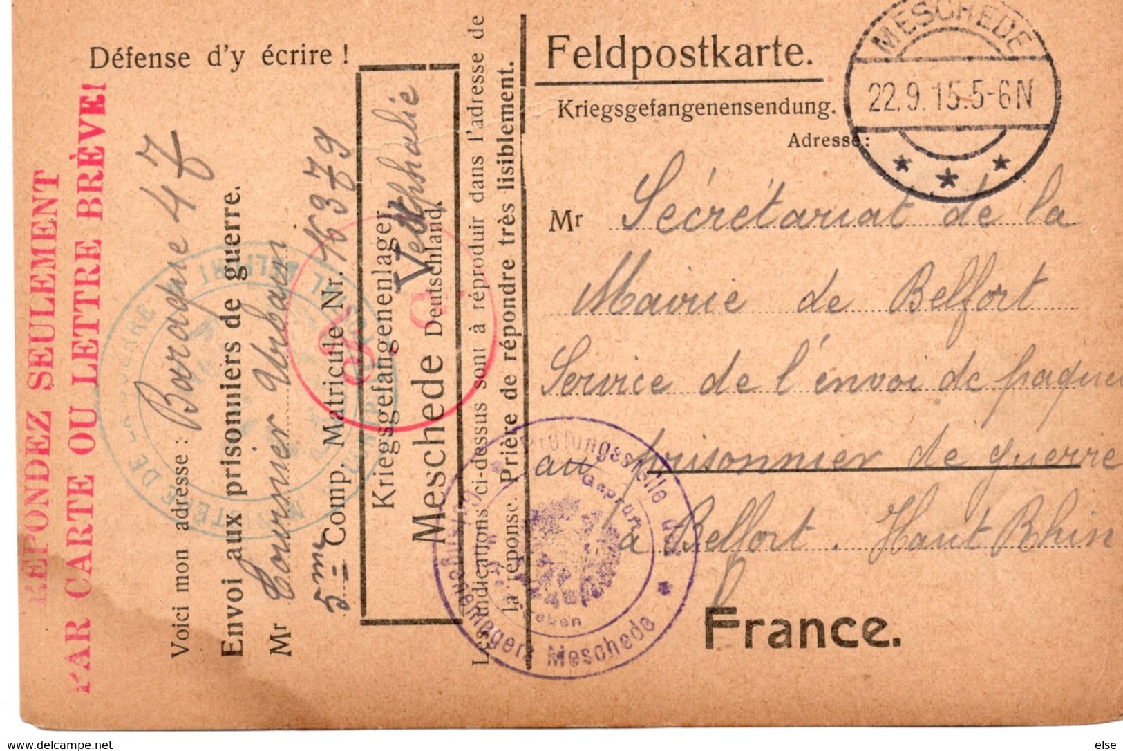 CARTE DE PRISONNIER GUERRE 1914 18   -  MESCHEDE A BELFORT   VOIR CACHET 1915 - Guerre De 1914-18