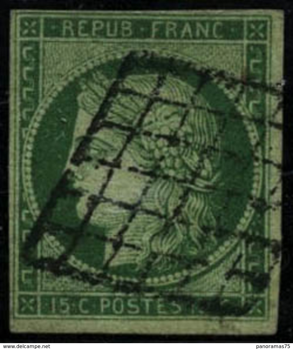Oblit. N°2 15c Vert, Obl Grille Signé Calves Et Brun - TB - 1849-1850 Cérès