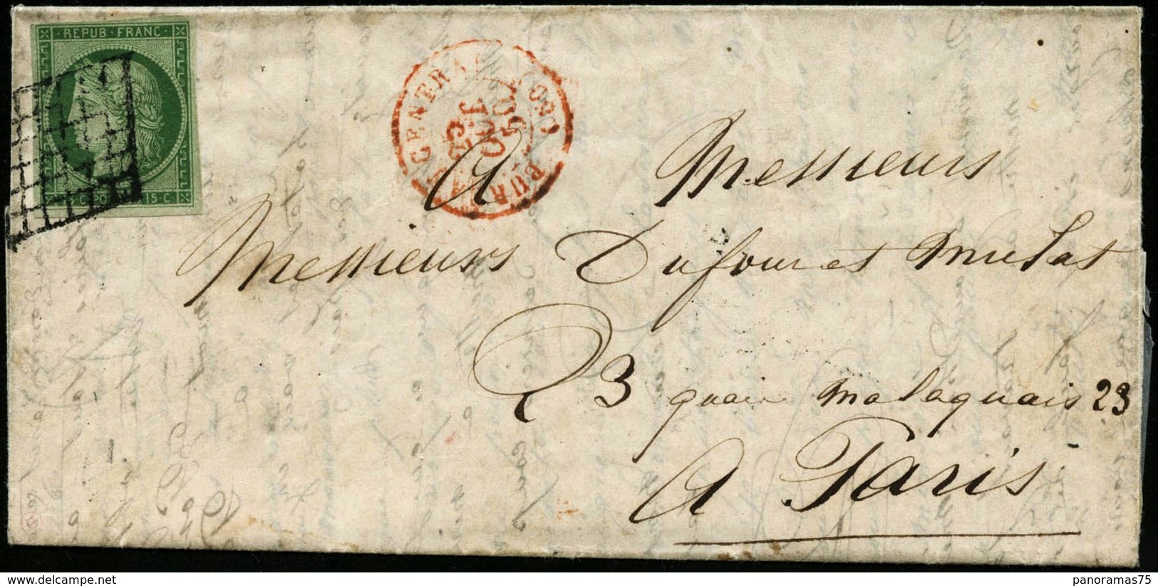 Lettre N°2 15c Vert, Obl Grille S/lettre - TB - 1849-1850 Cérès