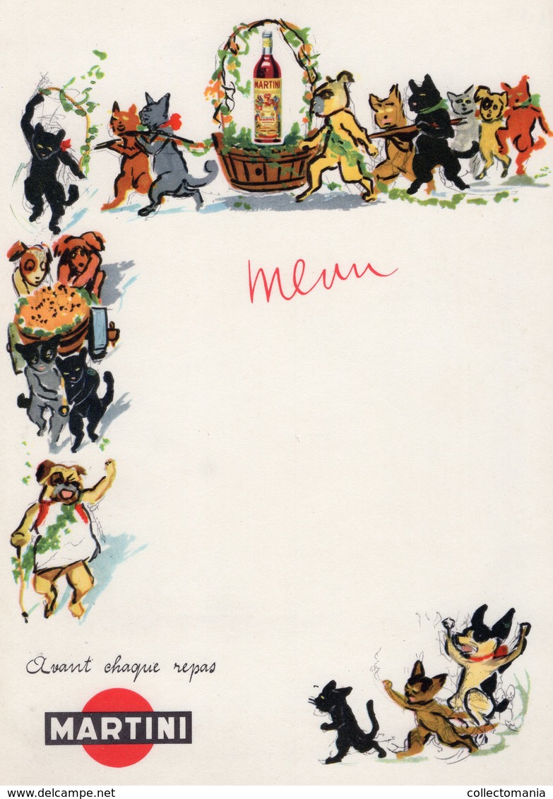 1 Menu Card Martini Cats & Dogs Feasting  C1930  17cm X 24cm - Menus