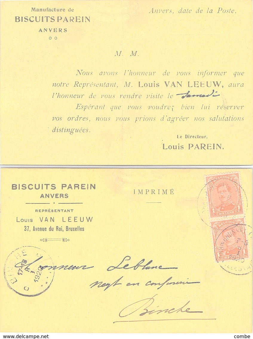 BELGIQUE. CARTE.  8 1 1920. BISCUITS RAREIN ANVERS. LOUIS VAN LEEW.  POUR BINCHE - Briefe U. Dokumente