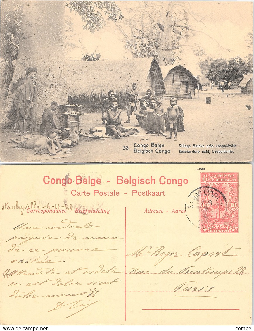 CONGO BELGE. CARTE POSTALE. VILLAGE BATEKE PRES LEOPOLDVILLE. ENTIER 10c. 4 11 20. STANLEYVILLE POUR PARIS - Lettres & Documents