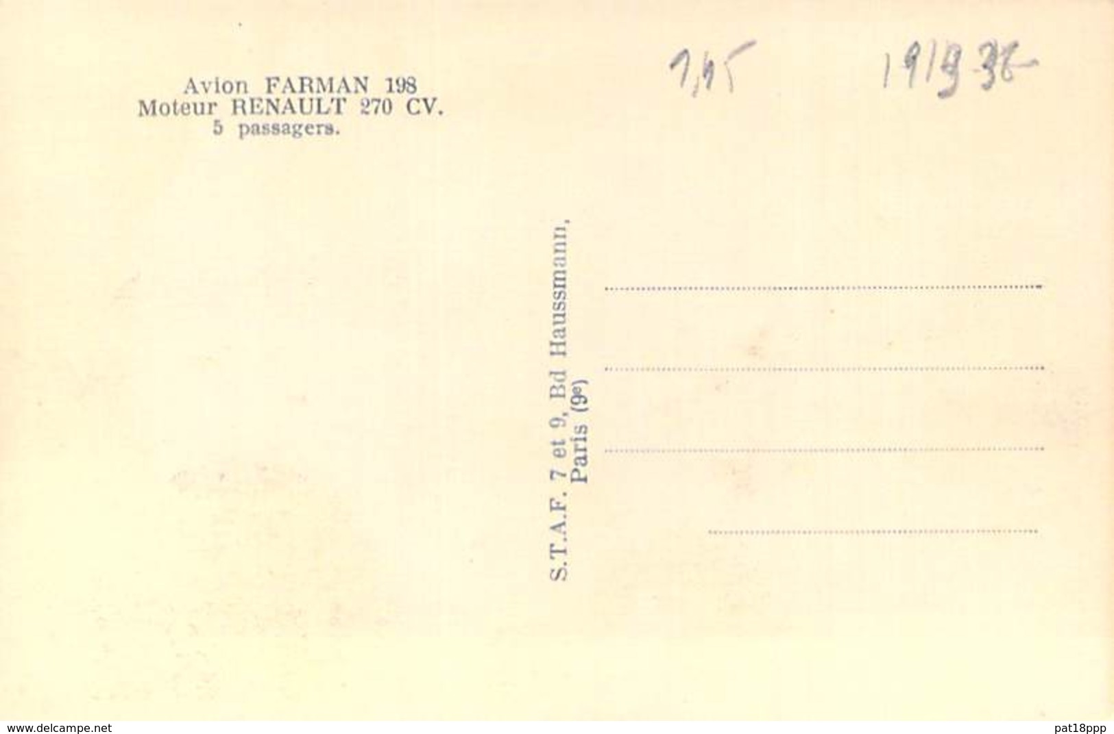 AVIATION Avion MILITARIA (entre 2 Guerres 1919-38) Avion FARMAN 198 - Moteiur RENAULT 270 CV - 5 Passagers - CPSM PF - 1919-1938: Entre Guerres