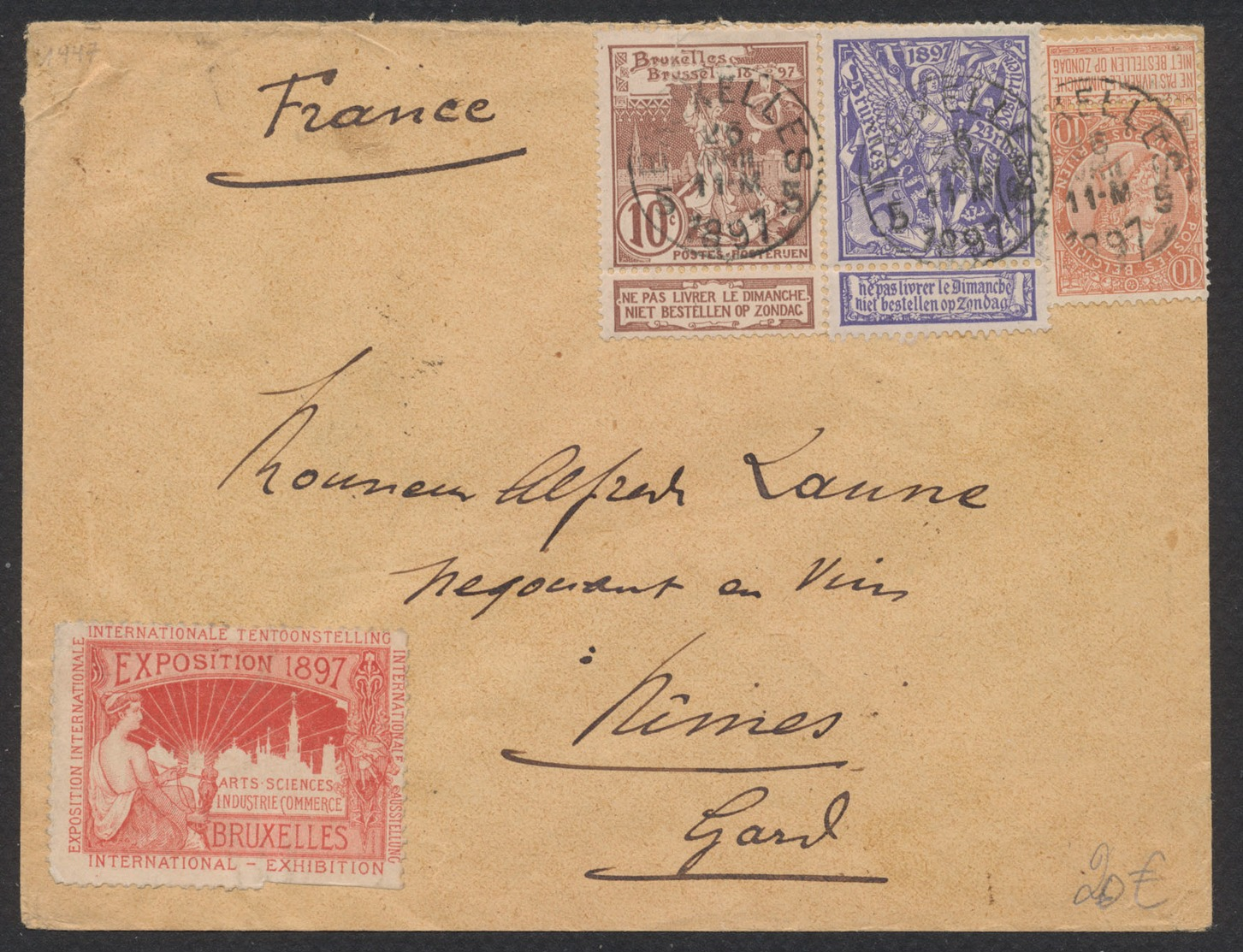 Expositions - N°71 Et 73 + N°57 Et Vignette Exposition Bruxelles 1897 Expédié De Bruxelles Vers Nimes - 1894-1896 Expositions