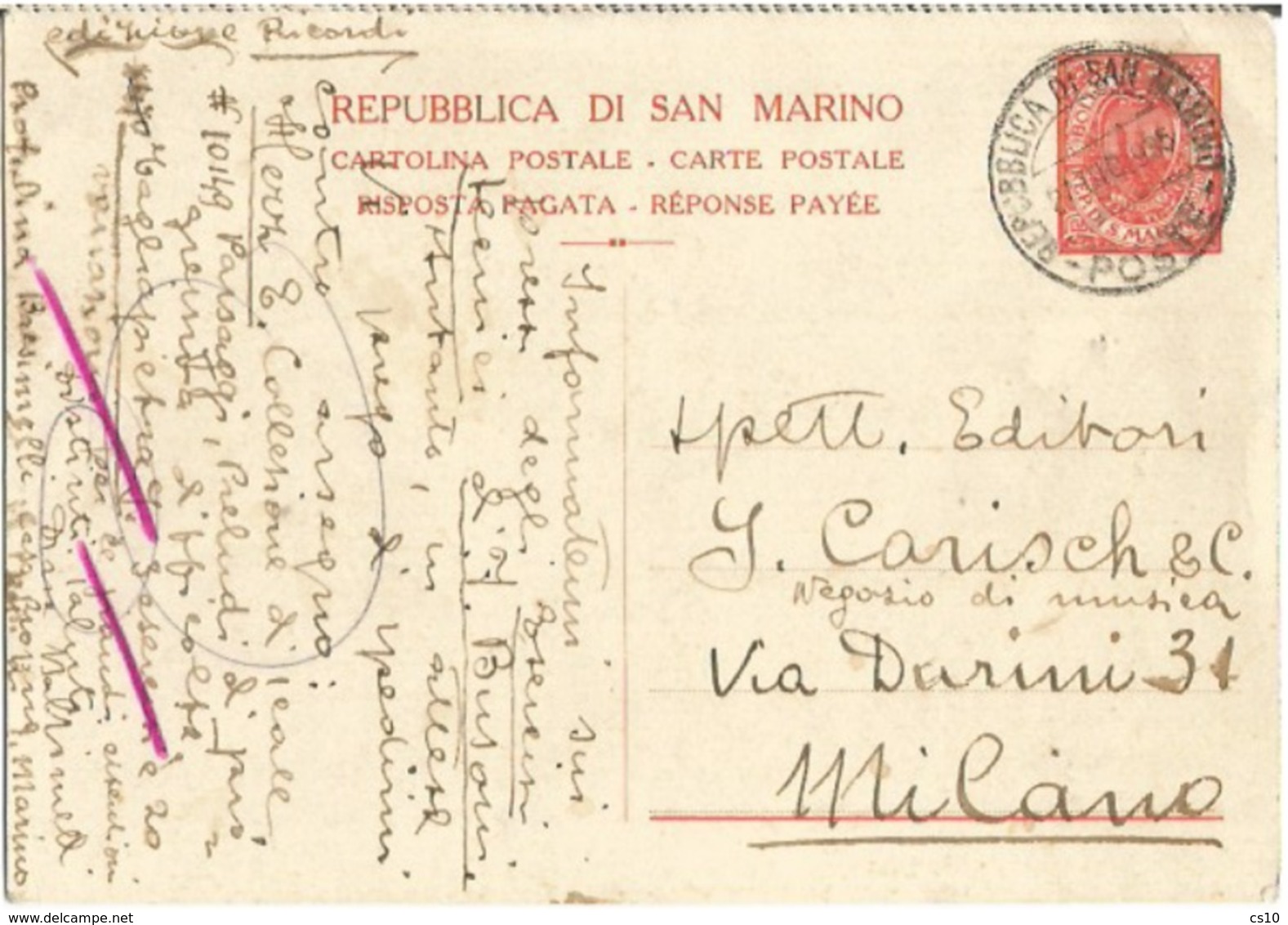 RSM Rep. San Marino CP 20A Parte Risposta Pagata C30 Rosso 27dicembre1935 Da Milano Ricordi Ed. Musicali - Ganzsachen