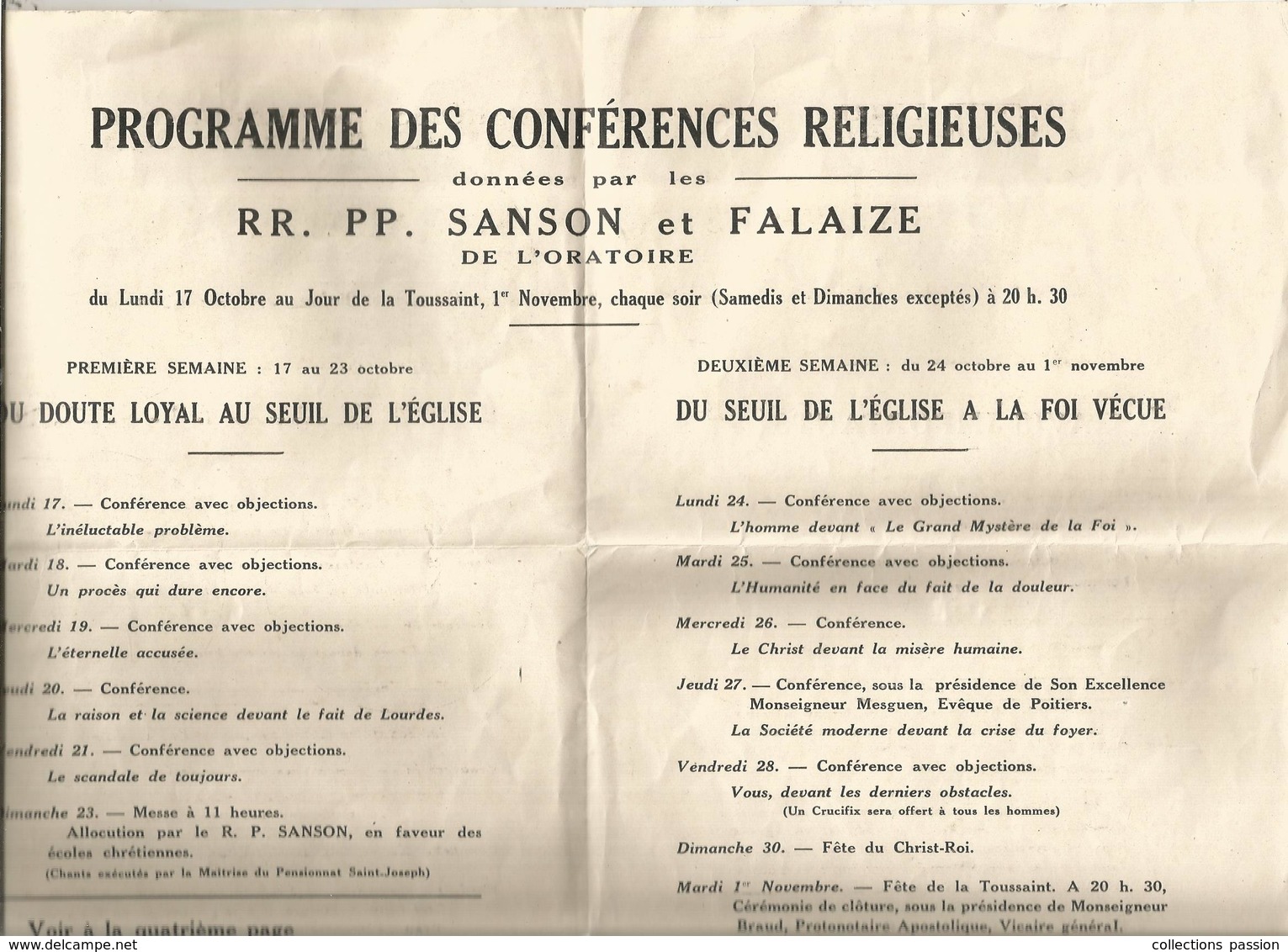 Programme, Paroisse Notre Dame De NIORT , Conférences Religieuses ,1938,3 Scans , 4 Pages ,  Frais Fr 1.95 E - Programme