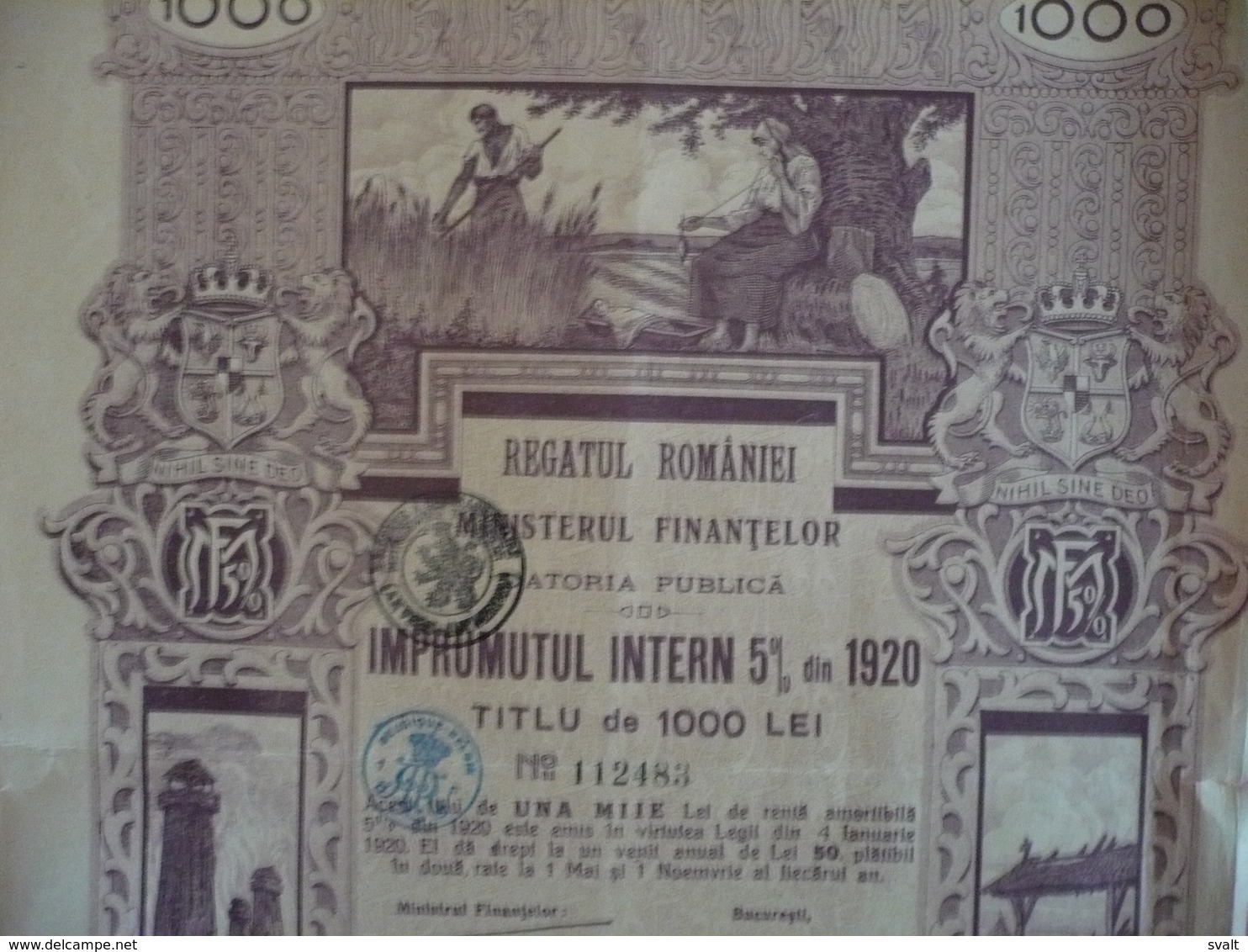 ROUMANIE / ROMANIA Titre  ( Bond )  De 1000   LEI  /  LOAN  5 %  1920 - Autres & Non Classés