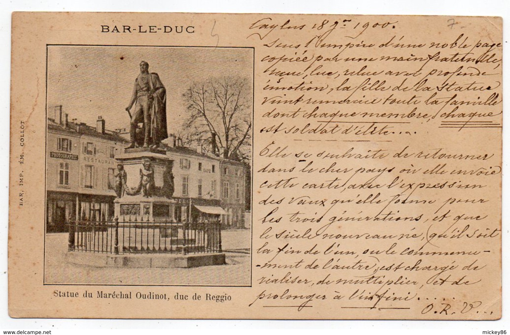 BAR LE DUC--1900--Statue Du Maréchal Oudinot,duc De Reggio....cachet  CAYLUS-82 Et MALICORNE-72............à Saisir - Bar Le Duc