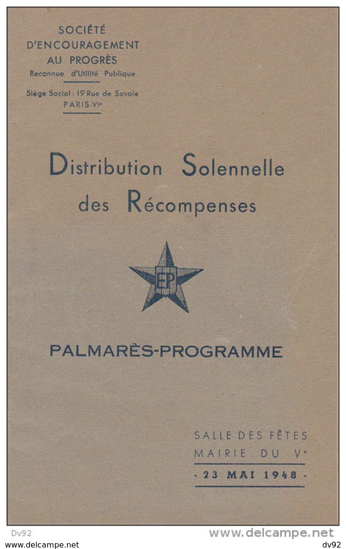 DISTRIBUTION SOLENNELLE DES RECOMPENSES PALMARES PROGRAMME 23 MAI 1948 PARIS 6 EME - Programmes