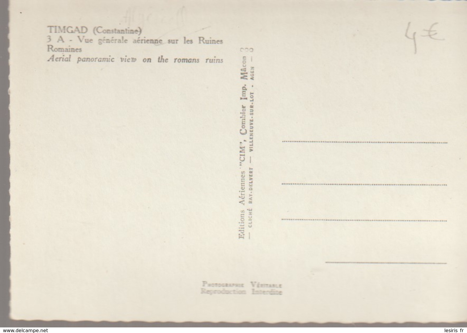 C. P. - PHOTO - TIMGAD - CONSTANTINE - VUE GENERALE AERIENNE SUR LES RUINES ROMAINES - 3 A - CIM - Otros & Sin Clasificación