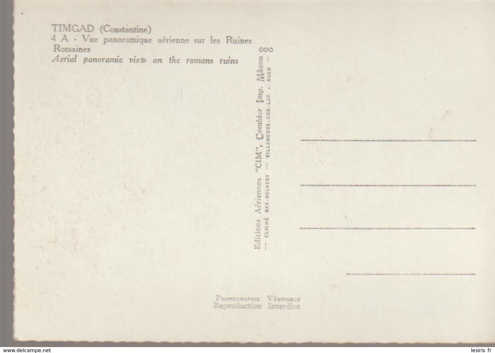 C. P. - PHOTO - TIMGAD - CONSTANTINE - VUE PANORAMIQUE AERIENNE SUR LES RUINES ROMAINES - 4 A - CIM - Otros & Sin Clasificación