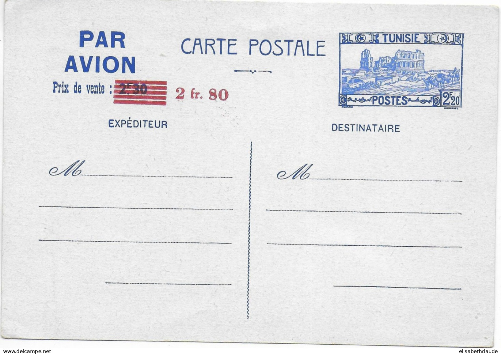 1942 - TUNISIE - CARTE ENTIER Par AVION SURCHARGEE 2F80 - ACEP N° PACP11 - Briefe U. Dokumente