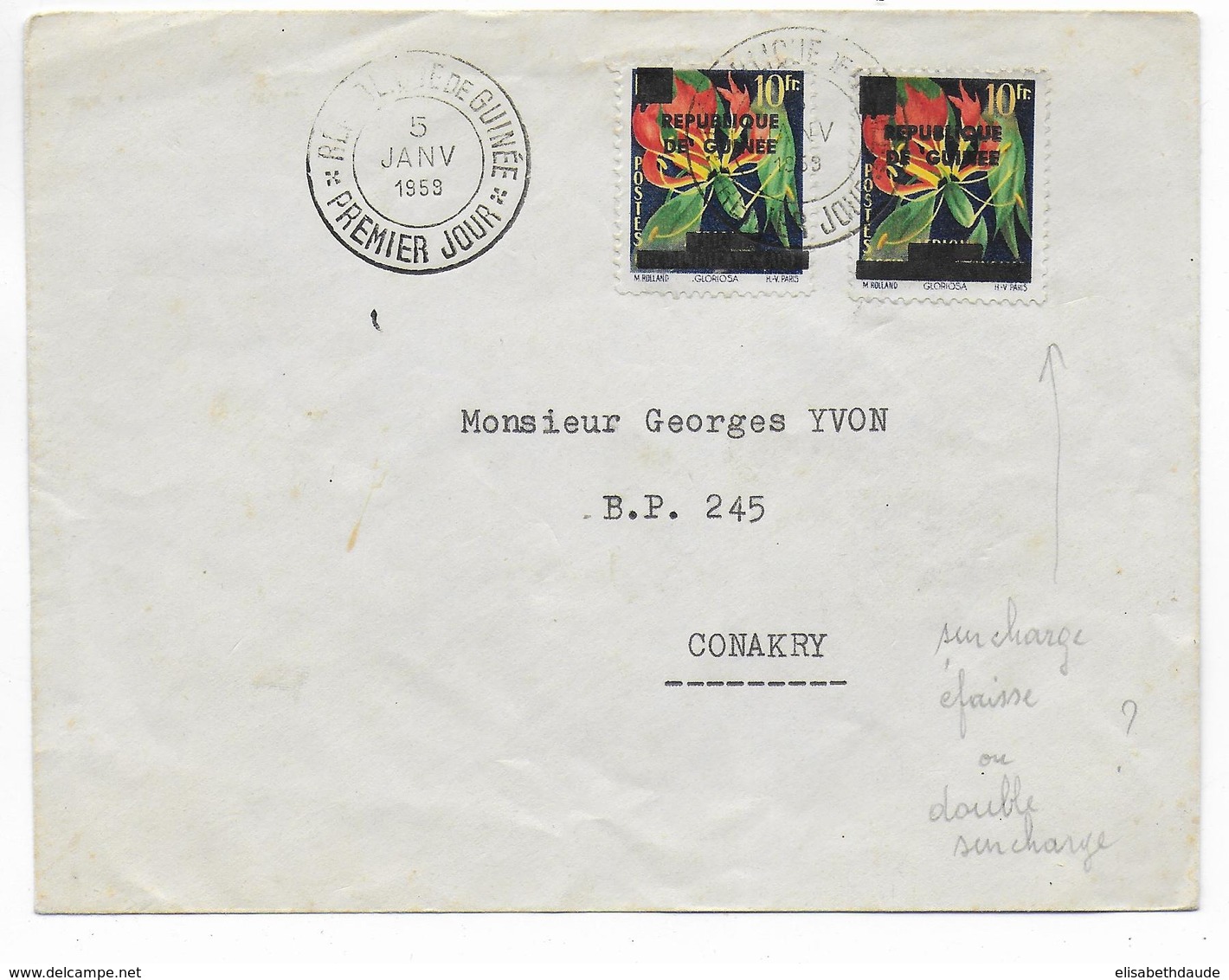 1959 - GUINEE - TIMBRES AOF SURCHARGES Dont Une SURCHARGE EPAISSE ! Sur ENVELOPPE FDC - Covers & Documents