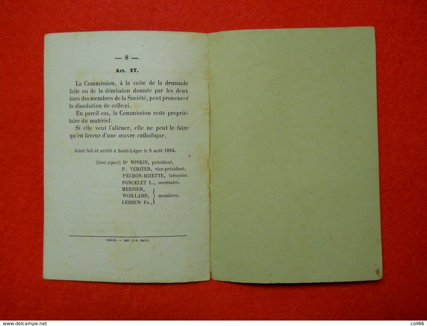 1884 Règlement Société Philarmonique De Ste Cécile à St Leger Luxembourg Belge 10.5x15 Cm 8 Pages éditeur JB Raty Virton - Musica