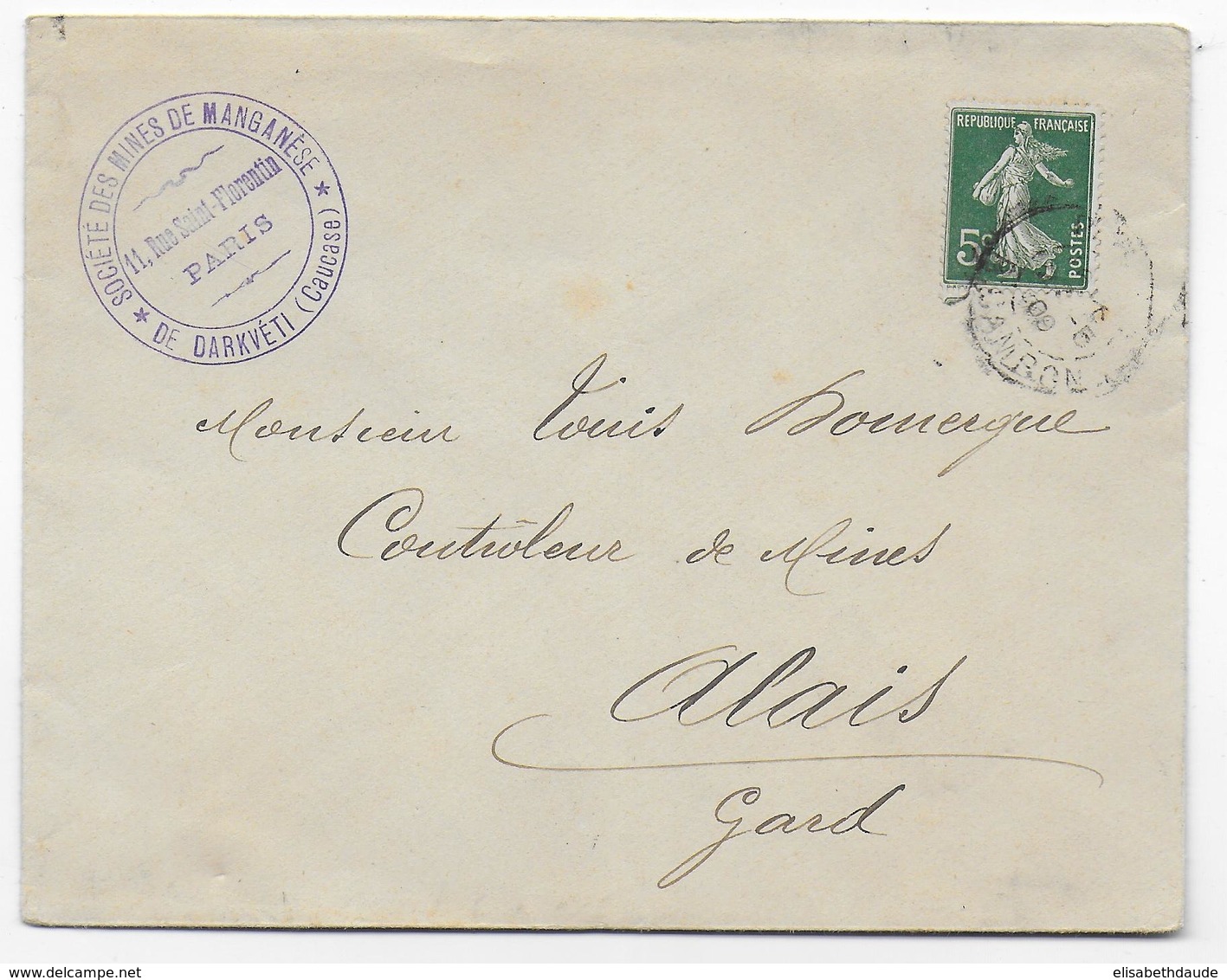 1909 - GEORGIE - SOCIETE Des MINES De MANGANESE De DARKVETI (CAUCASE) - ENVELOPPE De PARIS => ALAIS - Georgien