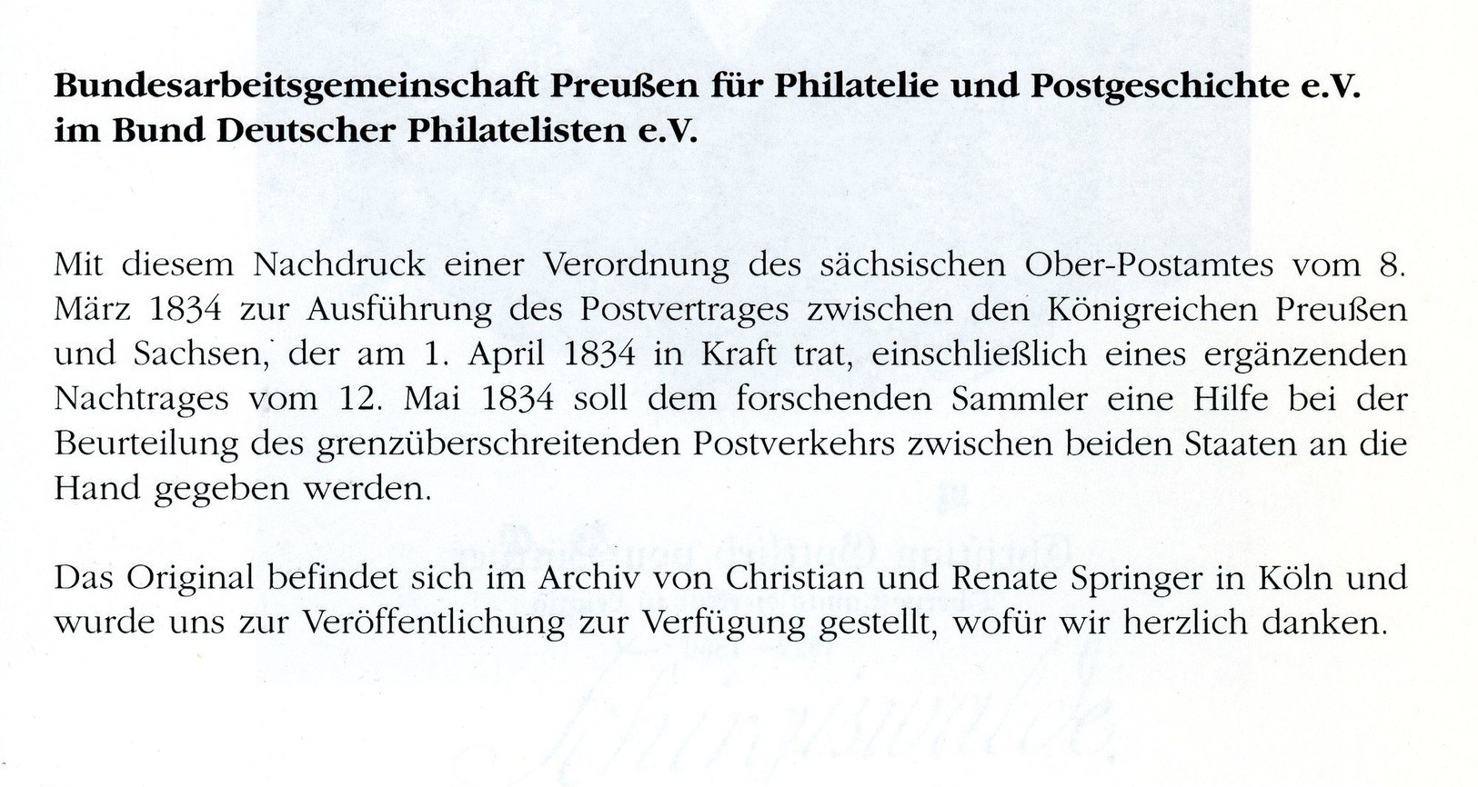 Sachsen - Preußen Postvertrag Von 1834 - ArGe Preußen - Sachsen