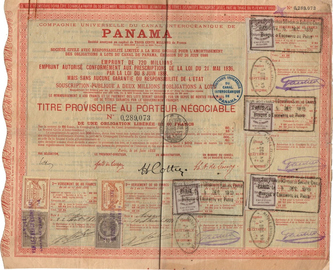 Action Ancienne CANAL DE PANAMA 1888 Titre Au Porteur Obligation De 60F Avec Timbres - Autres & Non Classés