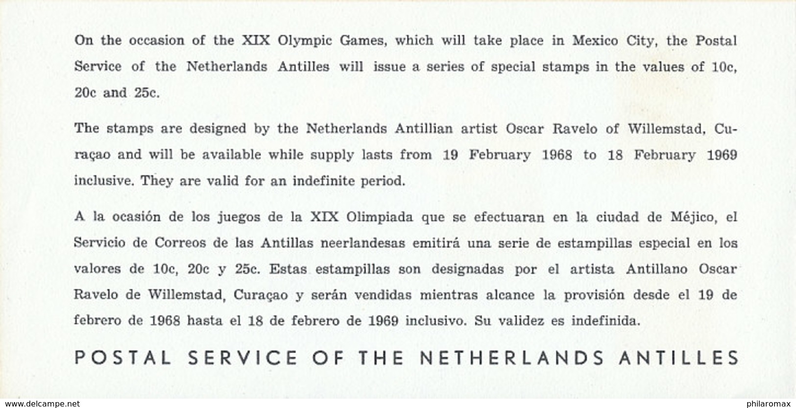 DC-2378 FDC NETHERLANDS ANTILLES 1968 - OLYMPICS MEXICO THREE STAMPS ON FOLDED SHEETLET POSTAL SERVICE - Summer 1968: Mexico City