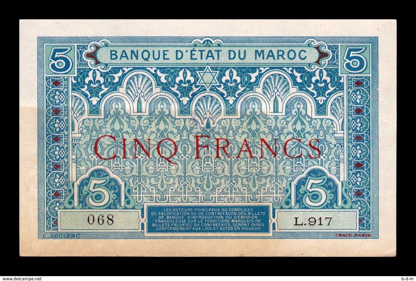 Marruecos Morocco 5 Francs 1921 Pick 8 SC- AUNC - Marruecos