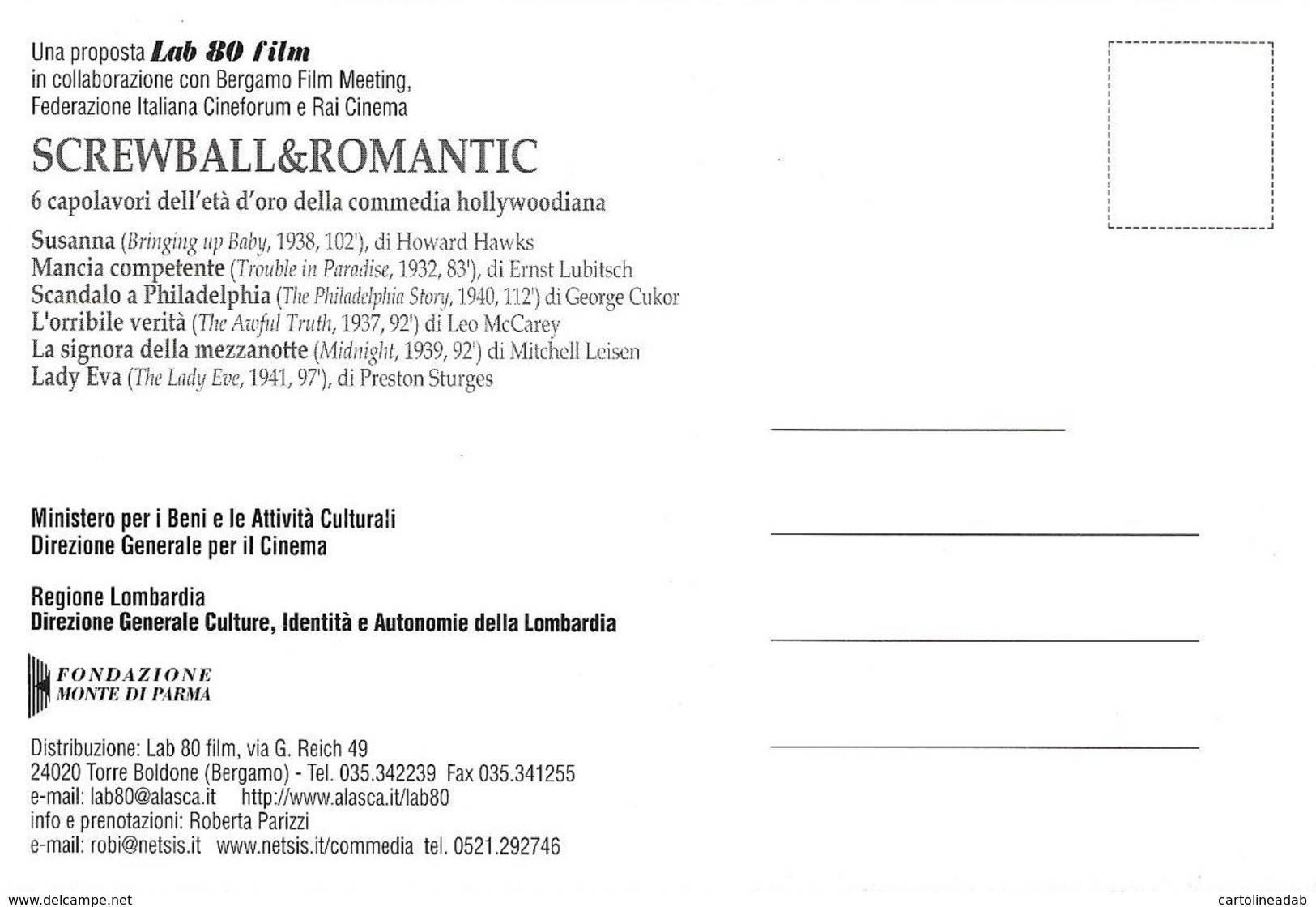 [MD4334] CPM - CINEMA - SCREWBALL & ROMANTIC - LAB 80 FILM - PERFETTA - NV - Altri & Non Classificati