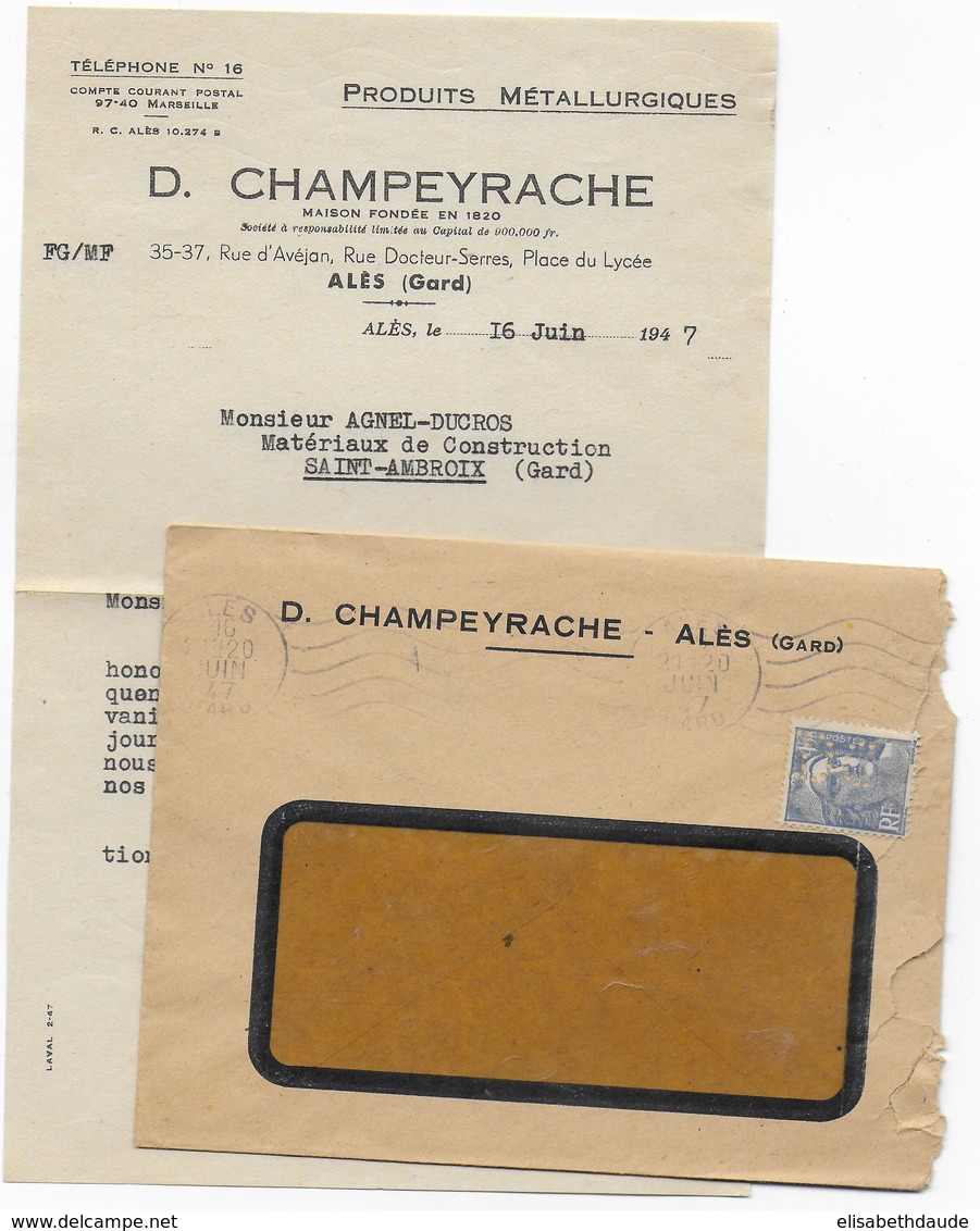 1947 - PERFIN - GANDON PERFORE D.C CHAMPEYRACHE (RARE) Sur ENVELOPPE COMMERCIALE De ALES (GARD) - Other & Unclassified