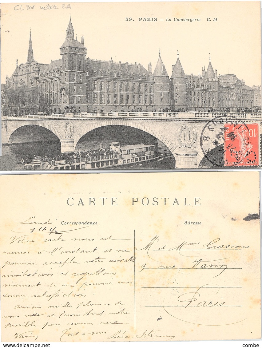 CARTE POSTALE. AVEC TIMBRE PERFORÉ.    /  3 - 1877-1920: Période Semi Moderne