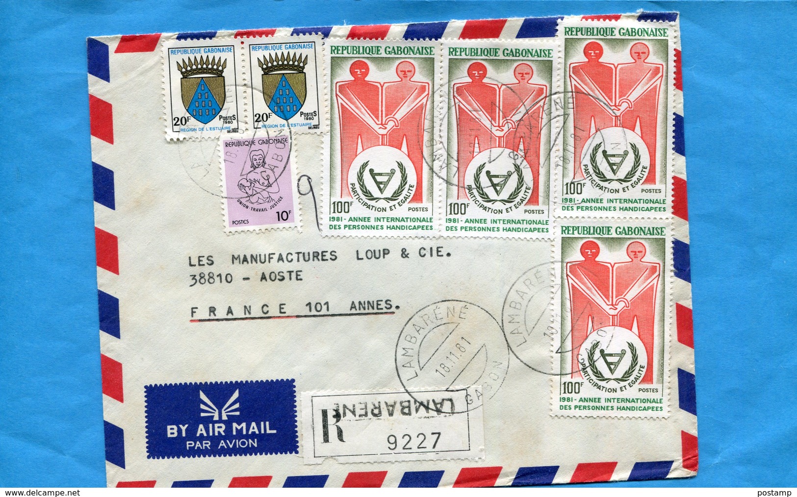 Marcophilie-GABON  -lettre>Françe-cad  Lambarene1981-7-stamps N°472 Handicap+3 Blasons - Gabon (1960-...)