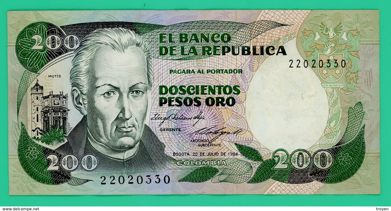 200 Pesos Oro - Colombie - 20/07/1984 - N°22020330 - Sup - - Colombie