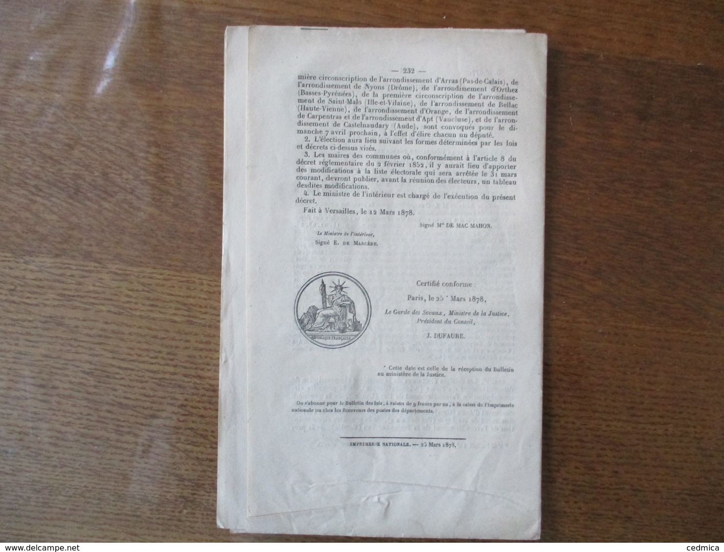 BULLETIN DES LOIS N°377 LOI QUI APPROUVE LA CONVENTION CONSULAIRE CONCLUE LE 7 JANVIER 1876 ENTRE LA FRANCE ET LA GRECE - Décrets & Lois