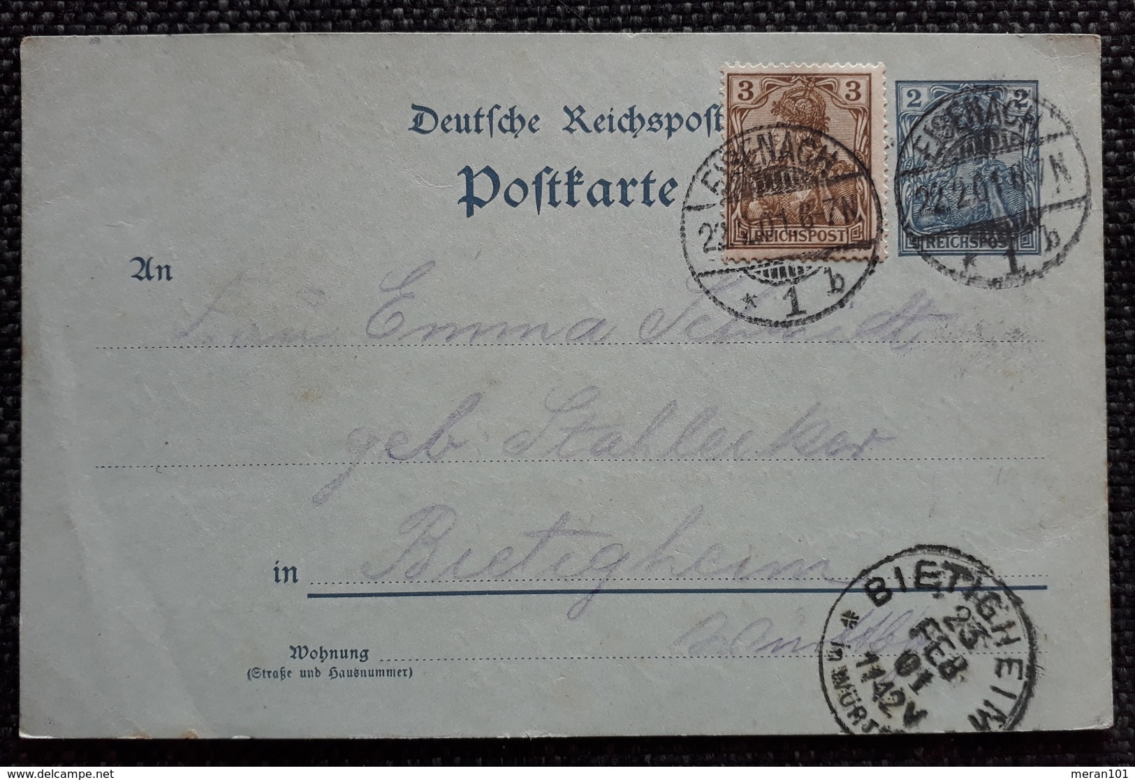 DR 1901, Postkarte MiF EISENACH Gelaufen BIETIGHEIM - Briefe U. Dokumente