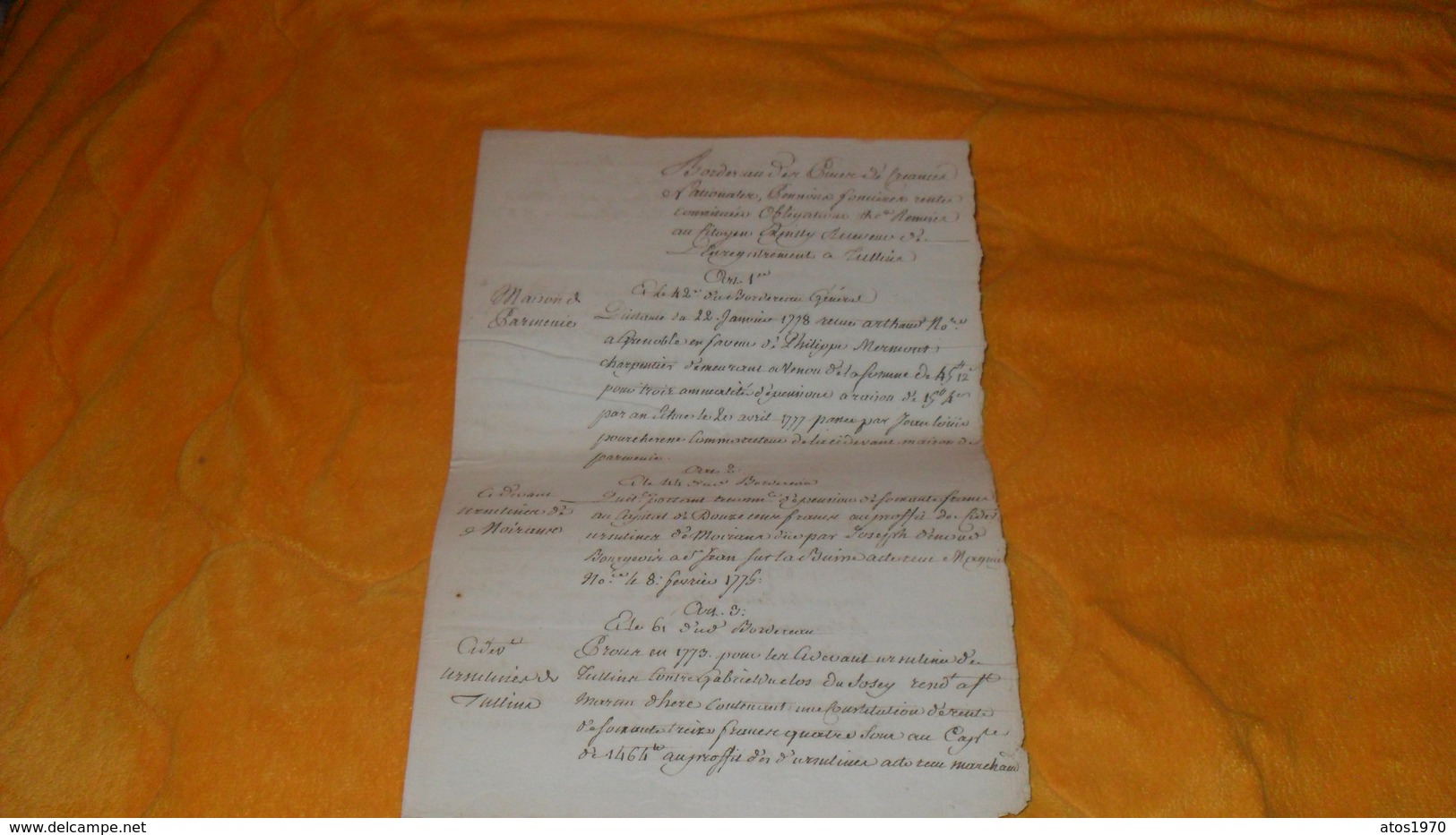 BORDEREAU MANUSCRIT ANCIEN DU 1ER BRUMAIRE AN 7..( OCTOBRE 1798 ) A IDENTIFIER..BUREAU TULLIER ?...TULLIUR ?... - Manuscrits