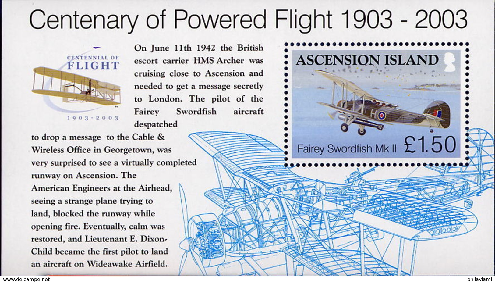 Ascension 2003 Centenaire De L'aviation Centenary Of Powered Flight Fairey Swordfish (Michel Bl 50, St Gibbons MS 884) - Airplanes