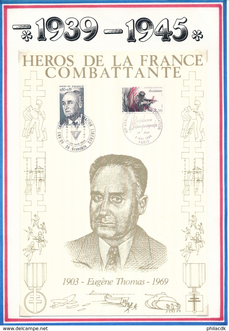 FRANCE - BEAU DOCUMENT EUGENE THOMAS 1903-1969 GRENOBLE PARIS 1984/1985 HEROS FRANCE COMBATTANTE - Guerre Mondiale (Seconde)