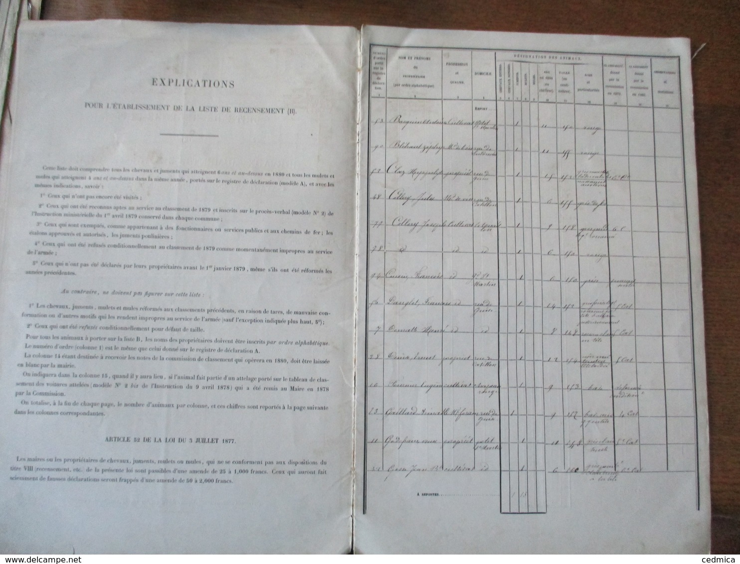 MINISTERE DE LA GUERRE LISTE DE RECENSEMENT DES CHEVAUX JUMENTS MULETS ET MULES EXISTANT A LA GROISE AU 1er JANVIER 1880 - Documenti