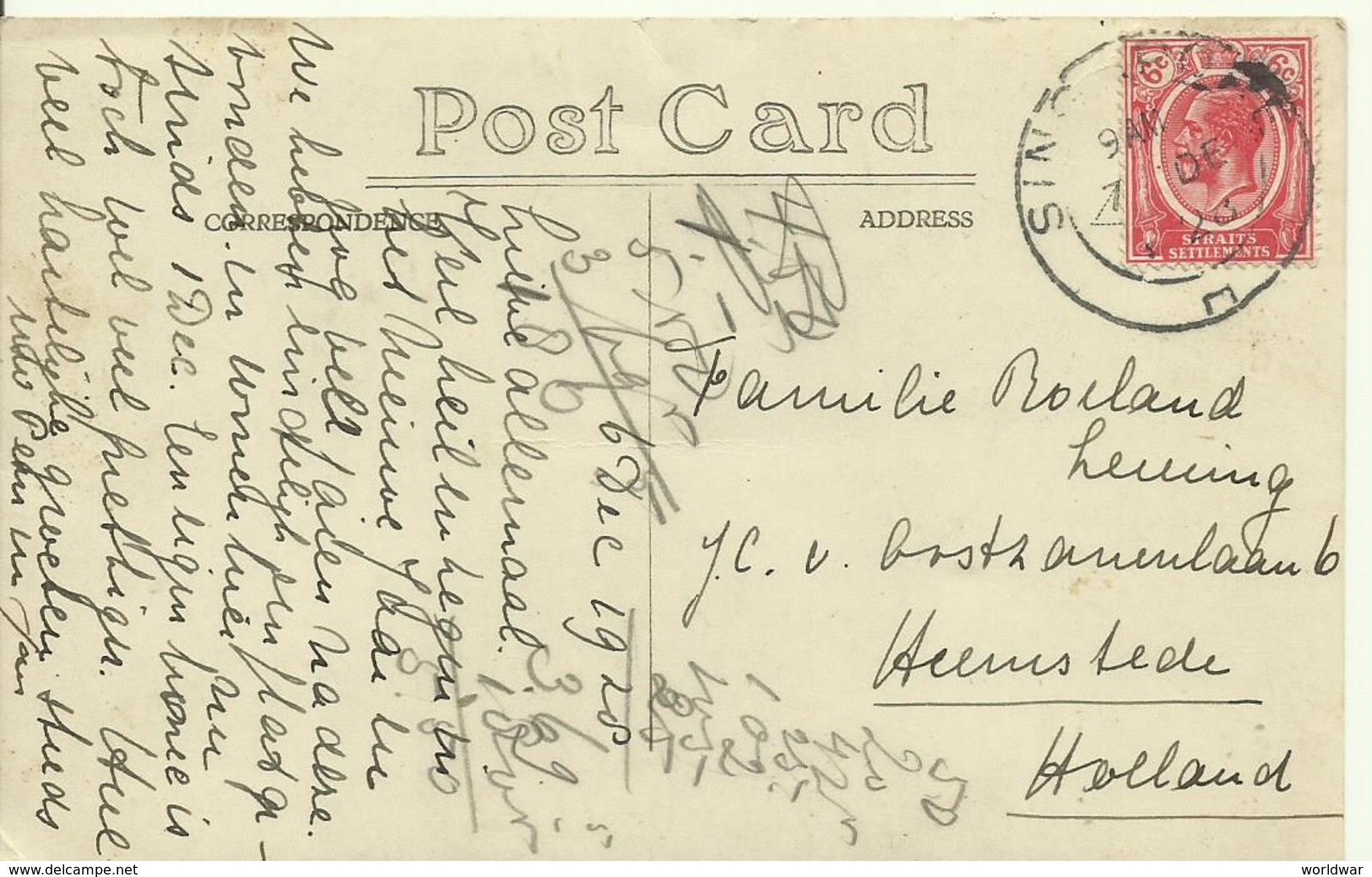 1928  Straits Settlements Stamp On Post Card From Singapore To Heemstede, Holland - Singapur (...-1959)