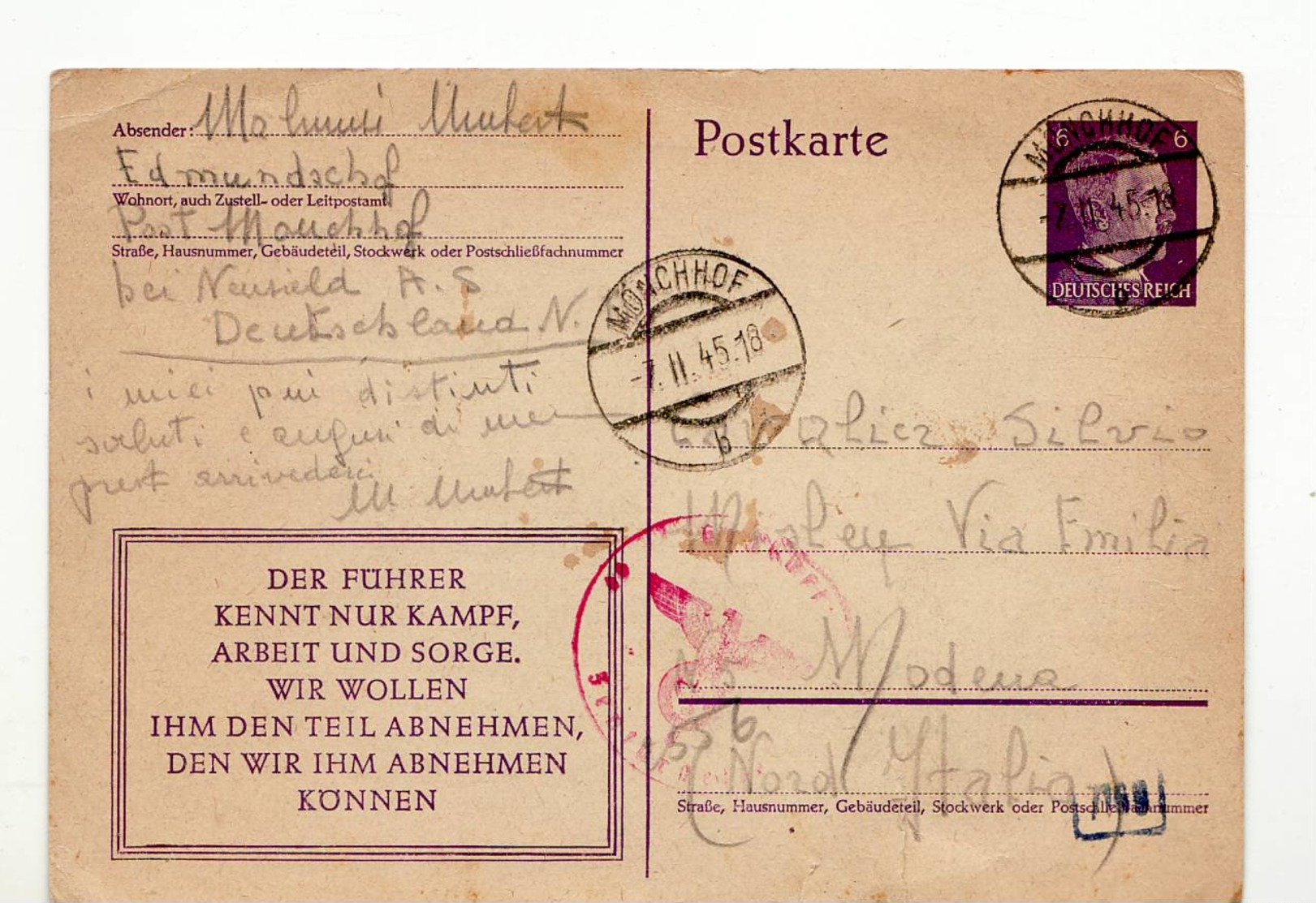 4811 DEUTSCHLAND MONCHHOF TO MODENA - Storia Postale