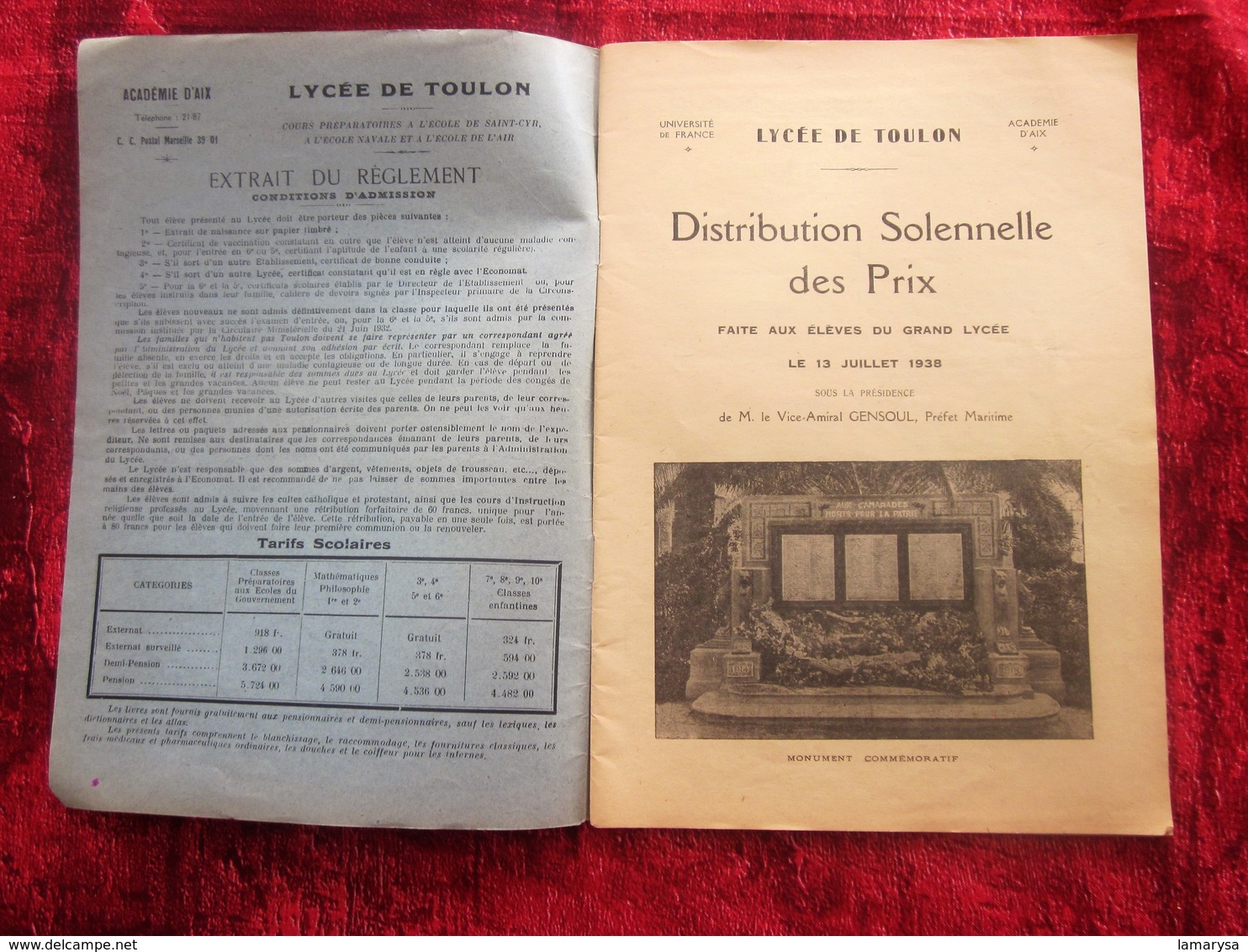 13 JUIL 1938 GRAND LYCÉE DE TOULON DISTRIBUTION SOLENNELLE DES PRIX PRÉSIDENCE AMIRAL GENSOUL PRÉFET MARITIME UNIVERSITÉ - Diplômes & Bulletins Scolaires