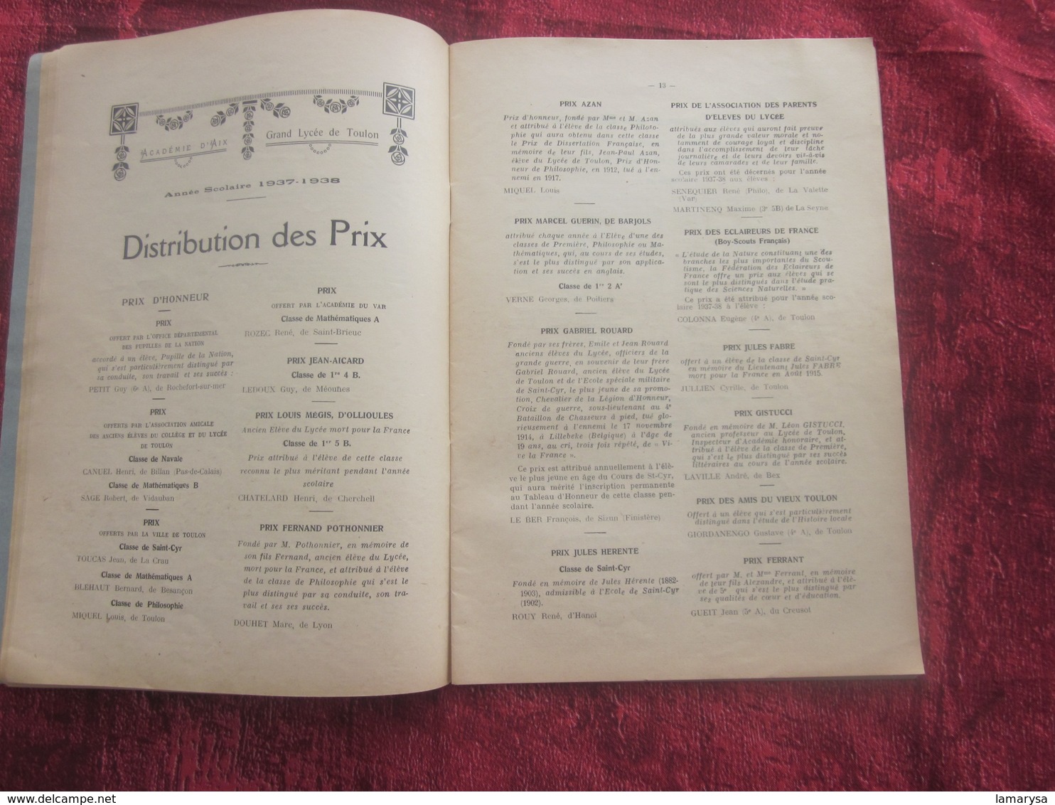 13 JUIL 1938 GRAND LYCÉE DE TOULON DISTRIBUTION SOLENNELLE DES PRIX PRÉSIDENCE AMIRAL GENSOUL PRÉFET MARITIME UNIVERSITÉ