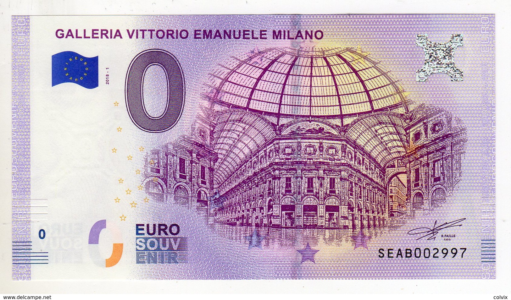 2018-1 BILLET TOURISTIQUE ITALIE 0 EURO SOUVENIR N°SEAB002997 GALLERIA VITTORIO EMANUELE MILANO - Privatentwürfe