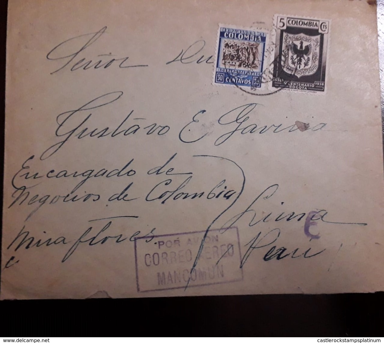 O) 1938 COLOMBIA, ARMS OF BOGOTA SC 459 5c, COFFEE SC C102, MANCOMUN AIRMAIL TO PERU - Colombia