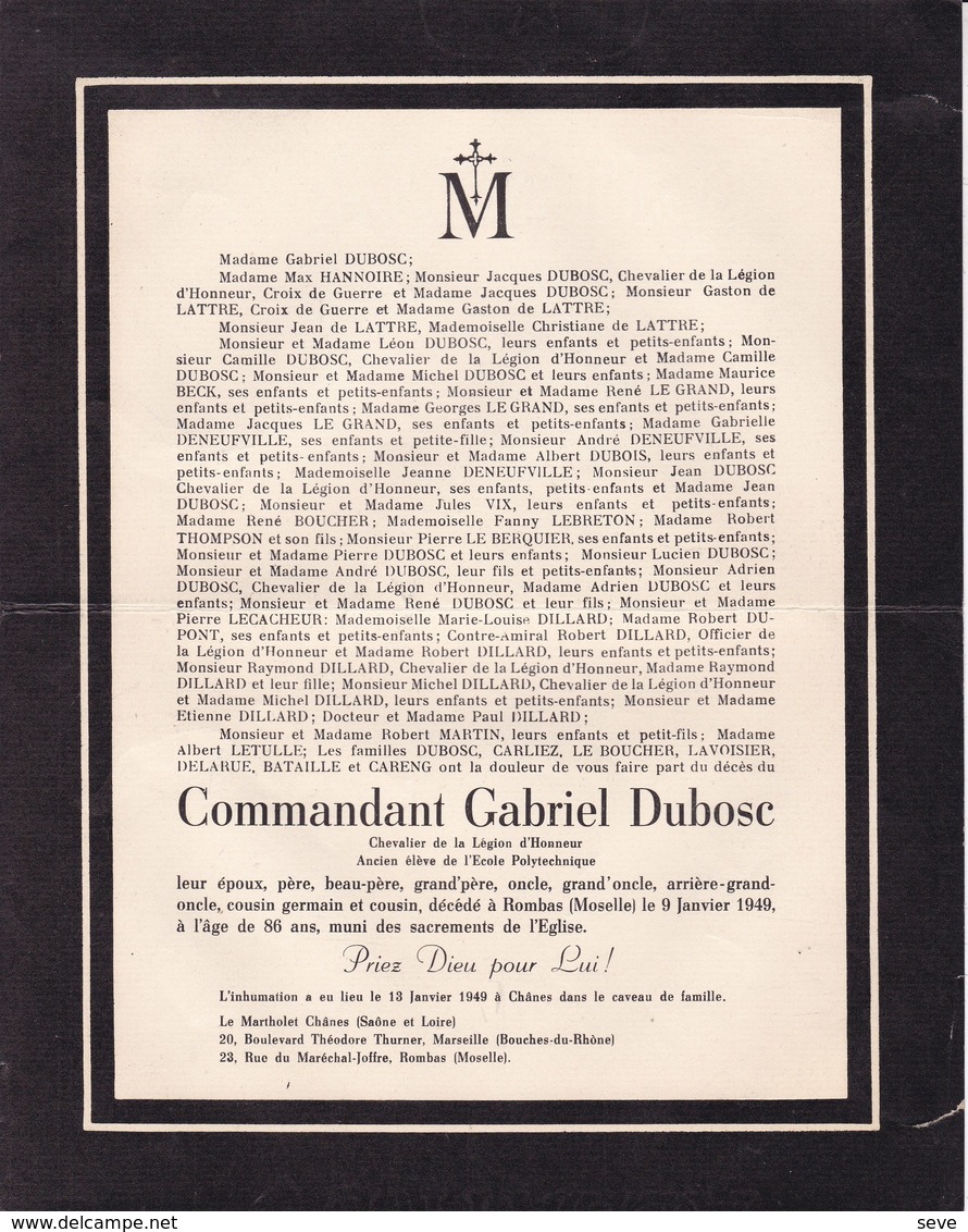 ROMBAS MOSELLE CHANES Commandant Gabriel DUBOSC 86 Ans 1949 Familles HANNOIRE De LATTRE DENEUFVILLE CARLIEZ - Décès