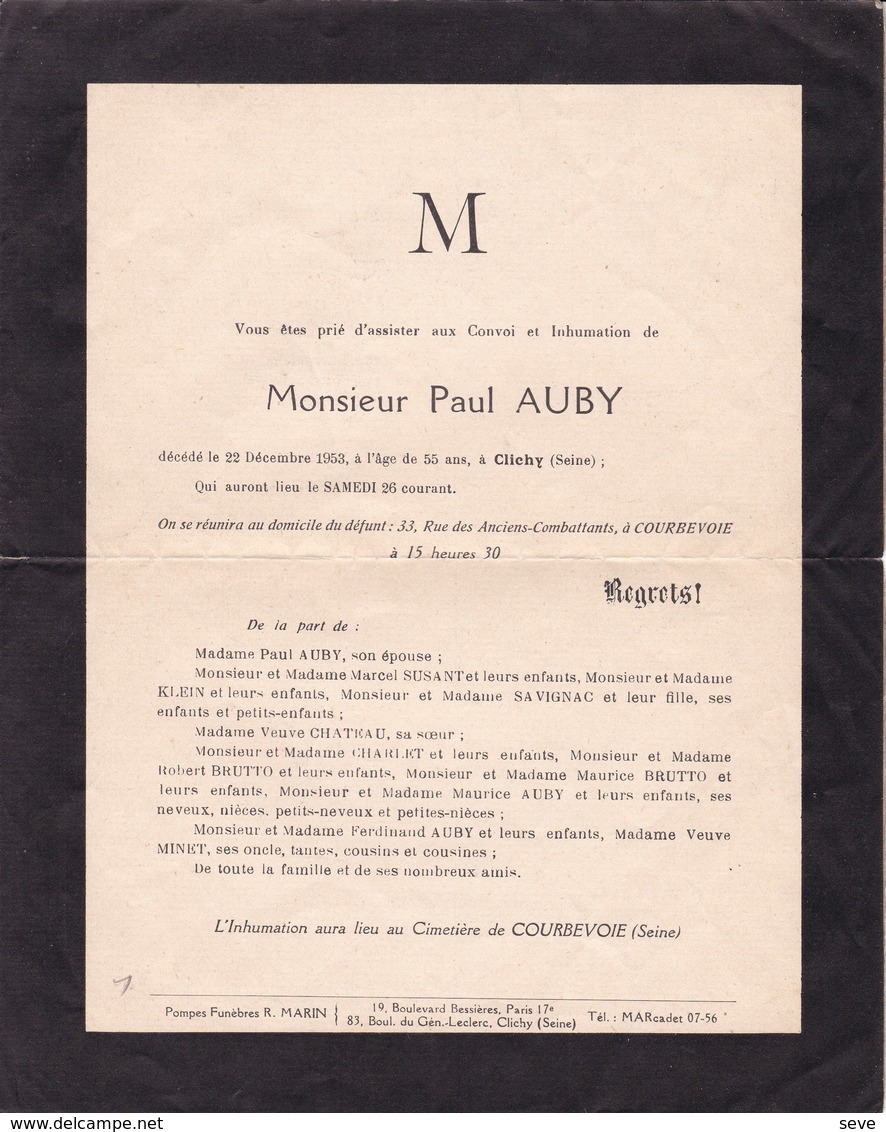 CLICHY SEINE COURBEVOIE Paul AUBY 55 Ans 1953 - Décès