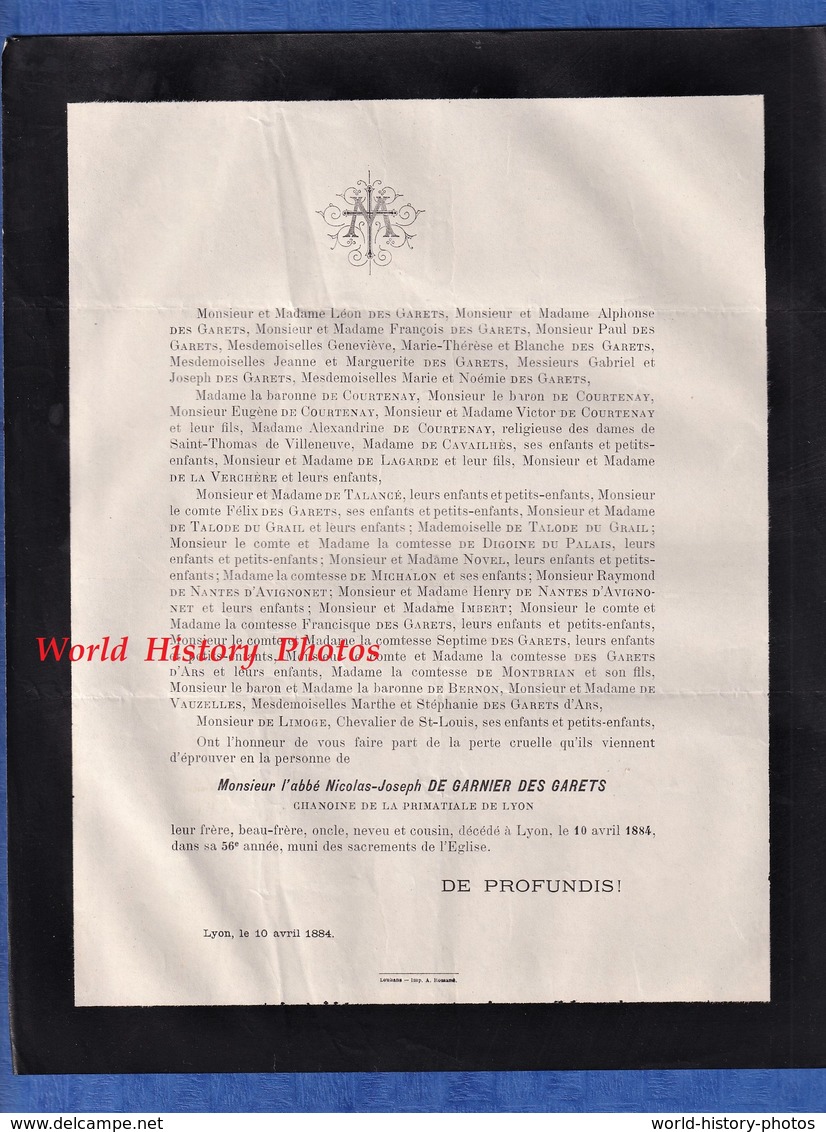 Document De 1884 - LYON - Abbé Nicolas  Joseph De GARNIER Des GARETS - Chanoine De La Primatiale De Lyon - Décès