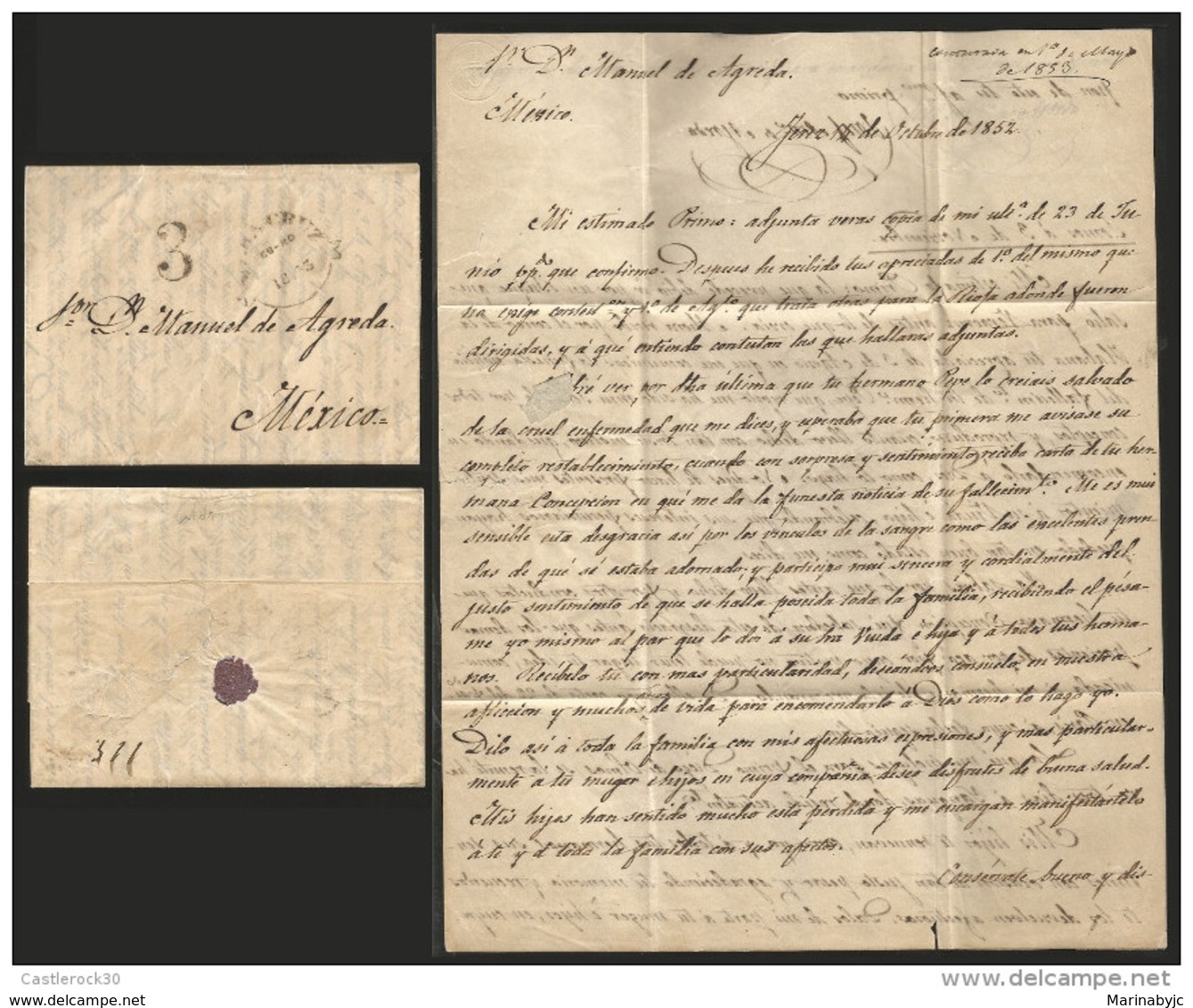 J) 1853 MEXICO, WRITTEN AT JEREZ, SPAIN ON 1852, POSTED AT VERACRUZ, VERACRUZ CIRCULAR CANC., RATED 3, CIRCULATED COMPLE - Mexico