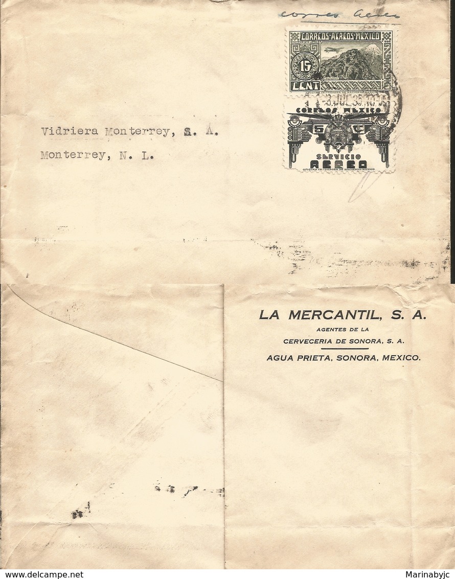 J) 1935 MEXICO, ORIZABA VOLCANO, SYMBOL OF AIR SERVICE, CIRCULATED COVER, FROM SONORA TO MONTERREY - Other & Unclassified