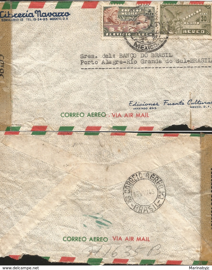 J) 1935 MEXICO, EAGLEMAN AND AIRPLANE, SYMBOLICAL OF FLIGHT, MULTIPLE STAMPS, OPEN BY EXAMINER, AIRMAIL, CIRCULATED COVE - Mexico