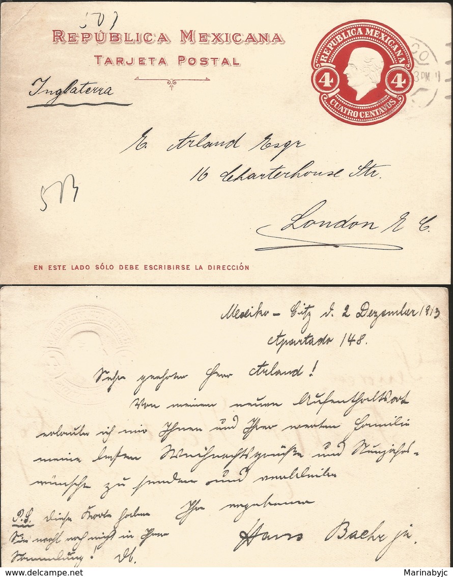 J) 1913 MEXICO, POSTAL STATIONARY, MEXICAN REPUBLIC, CIRCULATED COVER, FROM MEXICO TO LONDON - Mexico