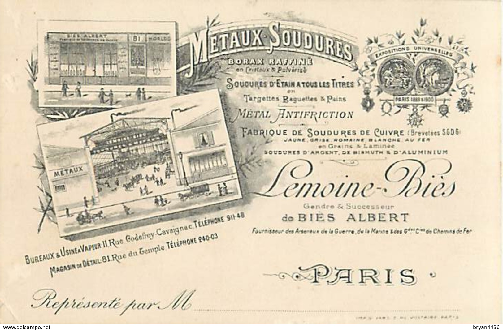 PARIS - III° - MAGASIN - 81, RUE DU TEMPLE - METAUX SOUDURE - "LEMOINE - BIES" - CARTE COMMERCIALE ANCIENNE (8 X 12 Cm) - Arrondissement: 03