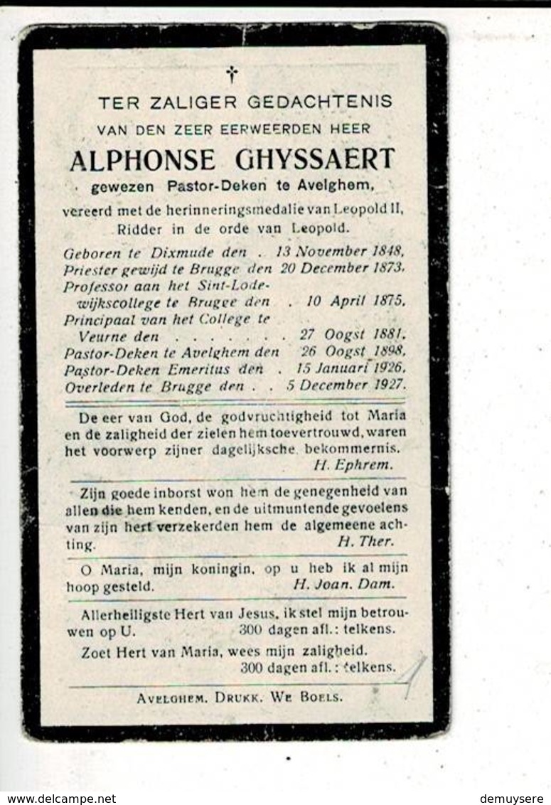 Dp 10340 - ALPHONSE GHYSSAERT - PASTOR DEKEN TE AVELGHEM - DIXMUIDE 1848 + BRUGGE 1927 - Images Religieuses